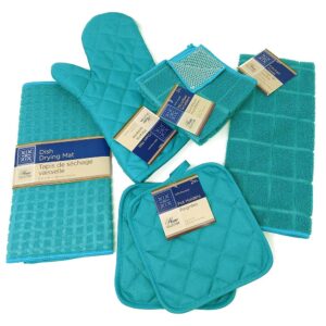 kitchen towel set with 2 quilted pot holders, oven mitt, dish towel, dish drying mat, 2 microfiber scrubbing dishcloths (turquoise)