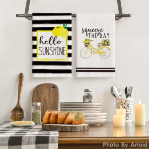 Artoid Mode Watercolor Stripes Lemon Kitchen Dish Towels Squeeze The Day, 18 x 26 Inch Seasonal Spring Summer Hello Sunshine Ultra Absorbent Drying Cloth Tea Towels for Cooking Baking Set of 2
