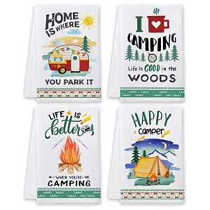 Bonsai Tree Camping Dish Towels and Dish Cloths, Funny Happy Camper Kitchen Hand Towels Sets of 4, Farmhouse RV Owners Lovers Sayings Quotes Tea Towels Housewarming Gifts Decor for Women New Home