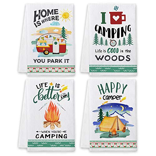 Bonsai Tree Camping Dish Towels and Dish Cloths, Funny Happy Camper Kitchen Hand Towels Sets of 4, Farmhouse RV Owners Lovers Sayings Quotes Tea Towels Housewarming Gifts Decor for Women New Home