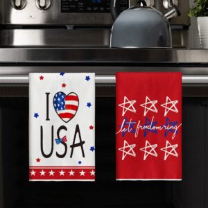 Artoid Mode American Flag 4th of July Kitchen Towels Dish Towels, 18x26 Inch Stars Freedom I Love USA Decoration Hand Towels Set of 4