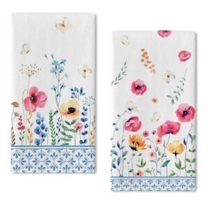 seliem spring floral flowers kitchen dish towel set of 2, butterfly hand towel drying baking cooking cloth, watercolor summer seasonal kitchen decor 18x26 inches