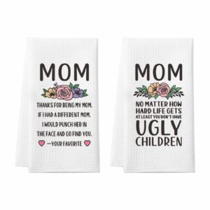 birthday gifts for mom from daughter, mothers day present for mom, best mom gifts from son, funny gifts for mother in law, 2 pack novelty kitchen towels for mom stepmom