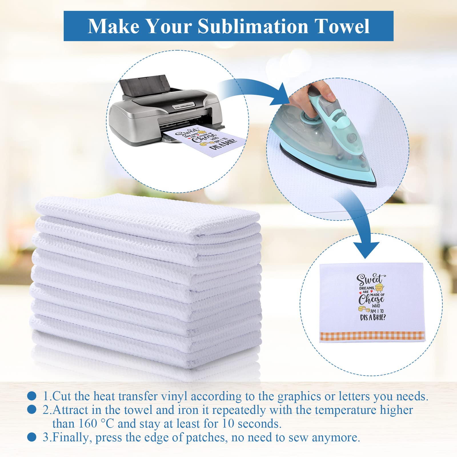 Breling Sublimation White Towels Waffle Weave Kitchen Towels 24 x 16 Inch Dish Towels Microfiber Dish Drying Towel Absorbent Tea Towels (6 Pieces)