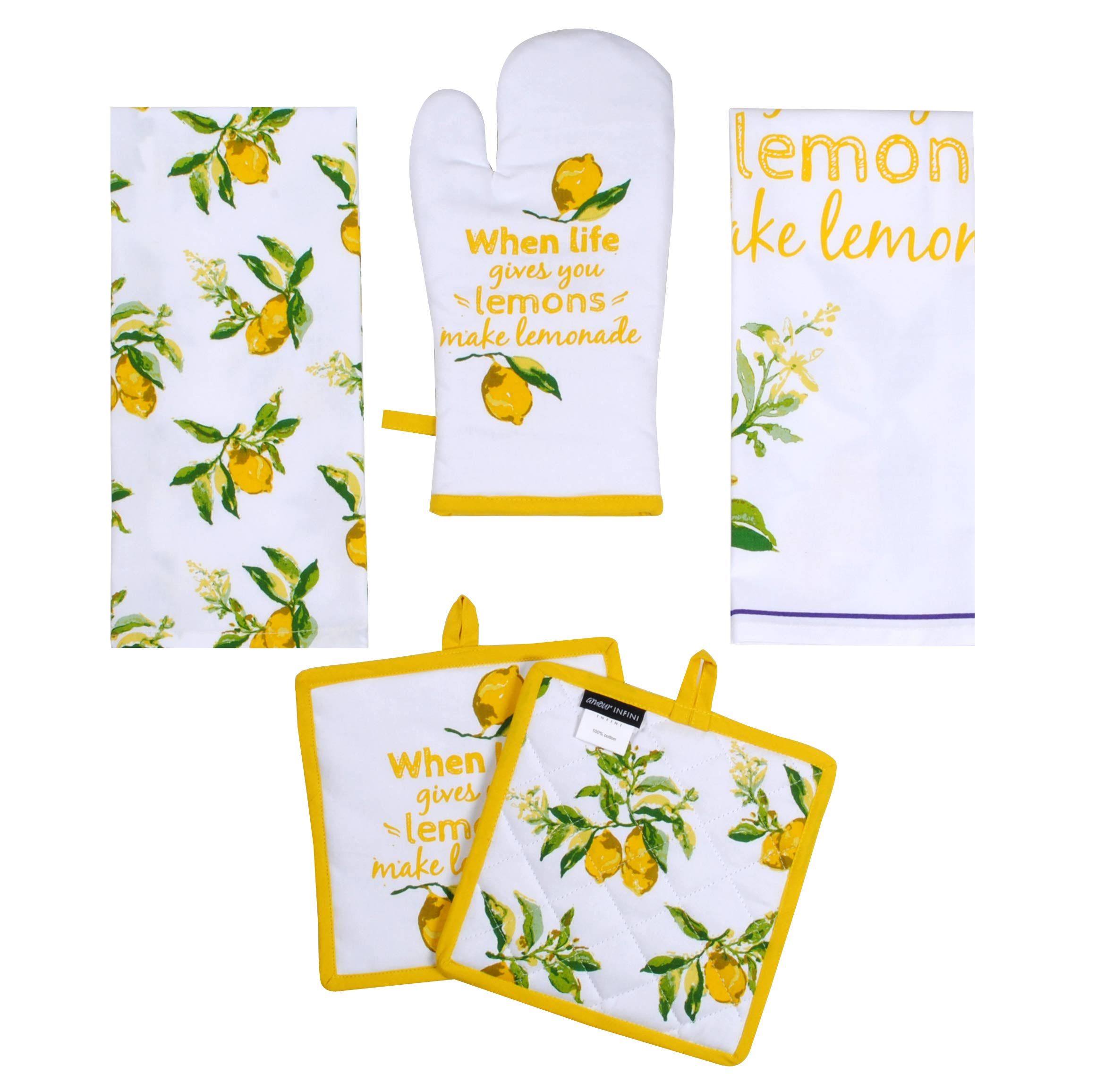 AMOUR INFINI Pot Holders, Oven Mitt and Kitchen Towel Heat Resistant 5-Piece Cotton Kitchen Set Perfect for Cooking, Baking, and Grilling Easter Gift Set (Citrus Splash)