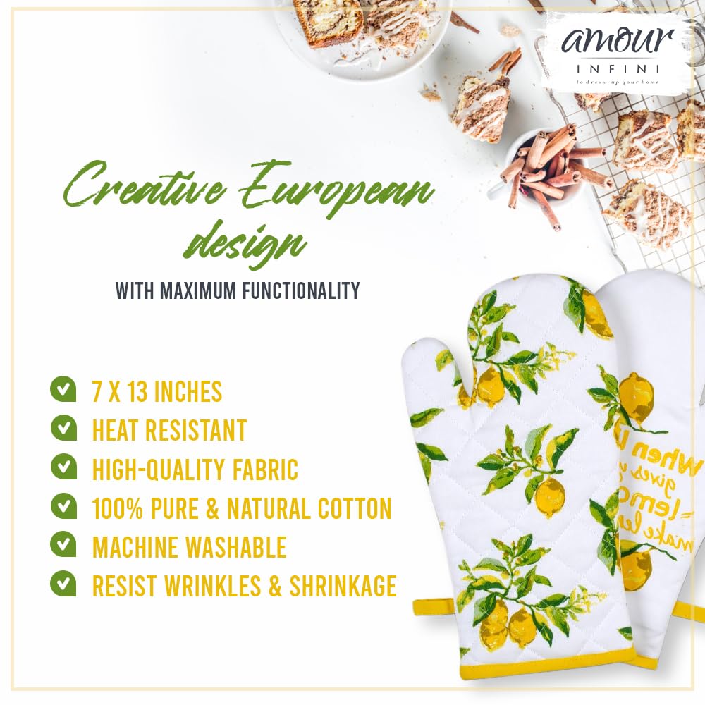 AMOUR INFINI Pot Holders, Oven Mitt and Kitchen Towel Heat Resistant 5-Piece Cotton Kitchen Set Perfect for Cooking, Baking, and Grilling Easter Gift Set (Citrus Splash)