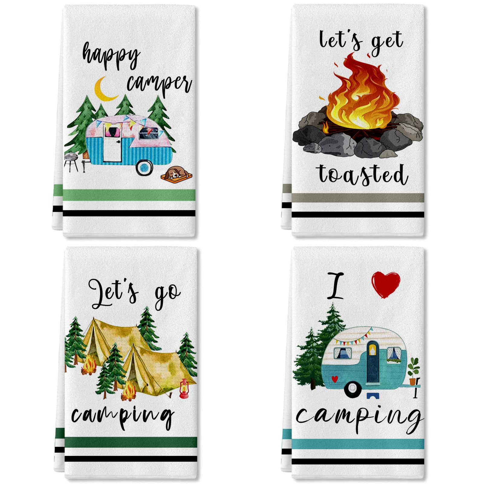 Camping Kitchen Towels Set of 4 Dish Towels Kitchen Hand Towels Kit Printed with Funny Sayings Novelty Gifts for Campers Happy Camper Camping Tent Pine Tree Farmhouse RV Decor Sign Home Decorations