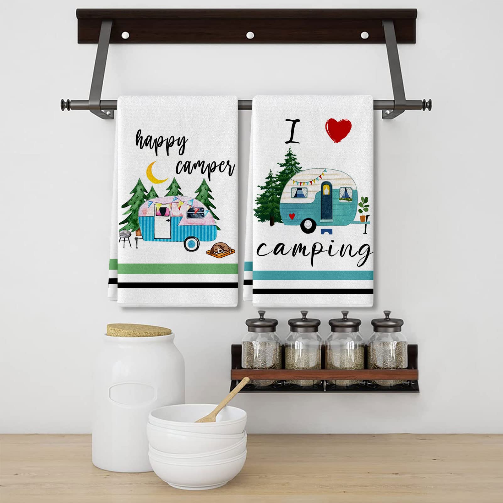 Camping Kitchen Towels Set of 4 Dish Towels Kitchen Hand Towels Kit Printed with Funny Sayings Novelty Gifts for Campers Happy Camper Camping Tent Pine Tree Farmhouse RV Decor Sign Home Decorations