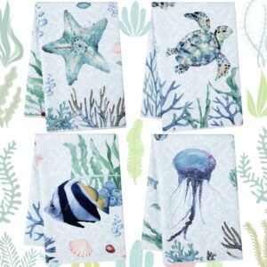 4 pcs beach kitchen towels turtle dish towel set ocean kitchen towels ocean animal themed hand towels beachcomber soft dish towels for kitchen decorative absorbent ocean tea towels for bathroom