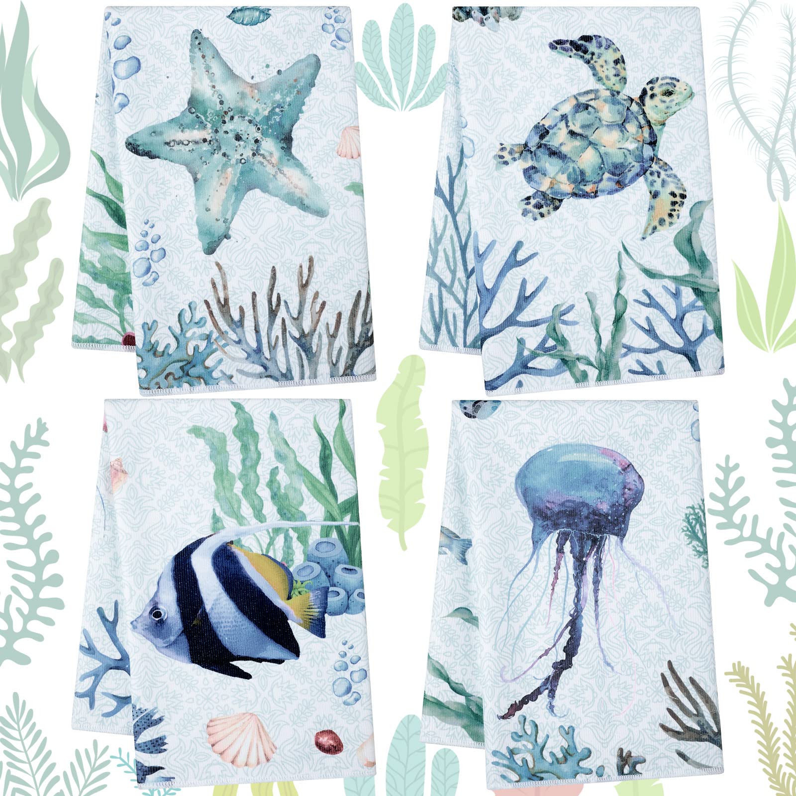 4 Pcs Beach Kitchen Towels Turtle Dish Towel Set Ocean Kitchen Towels Ocean Animal Themed Hand Towels Beachcomber Soft Dish Towels for Kitchen Decorative Absorbent Ocean Tea Towels for Bathroom