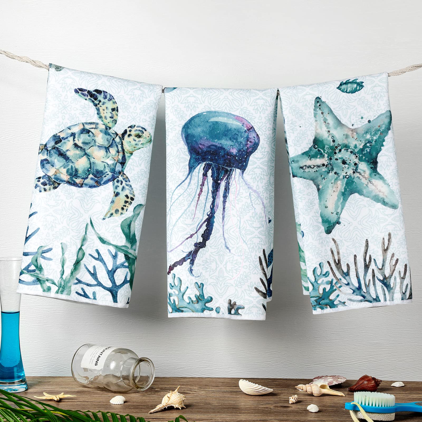 4 Pcs Beach Kitchen Towels Turtle Dish Towel Set Ocean Kitchen Towels Ocean Animal Themed Hand Towels Beachcomber Soft Dish Towels for Kitchen Decorative Absorbent Ocean Tea Towels for Bathroom