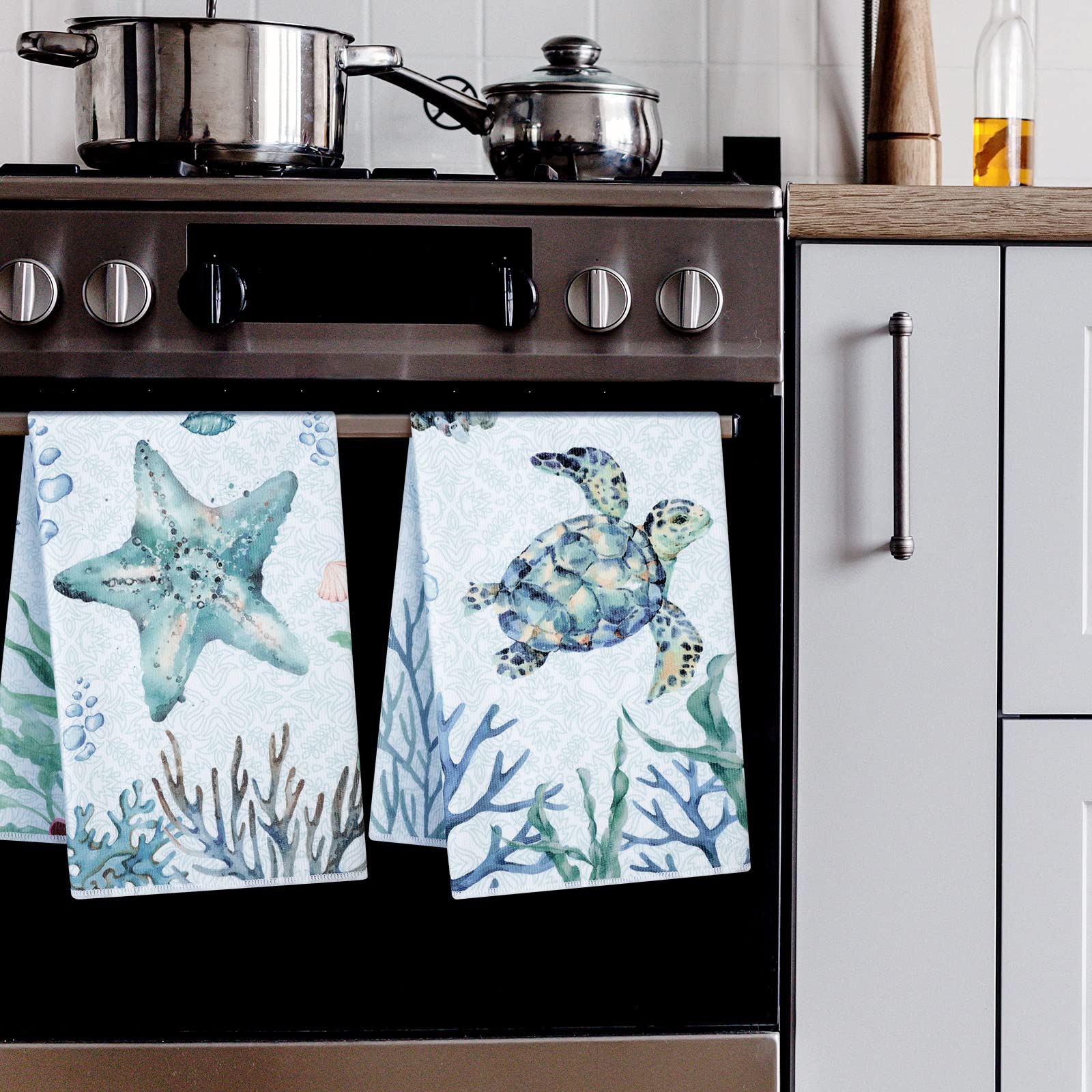 4 Pcs Beach Kitchen Towels Turtle Dish Towel Set Ocean Kitchen Towels Ocean Animal Themed Hand Towels Beachcomber Soft Dish Towels for Kitchen Decorative Absorbent Ocean Tea Towels for Bathroom