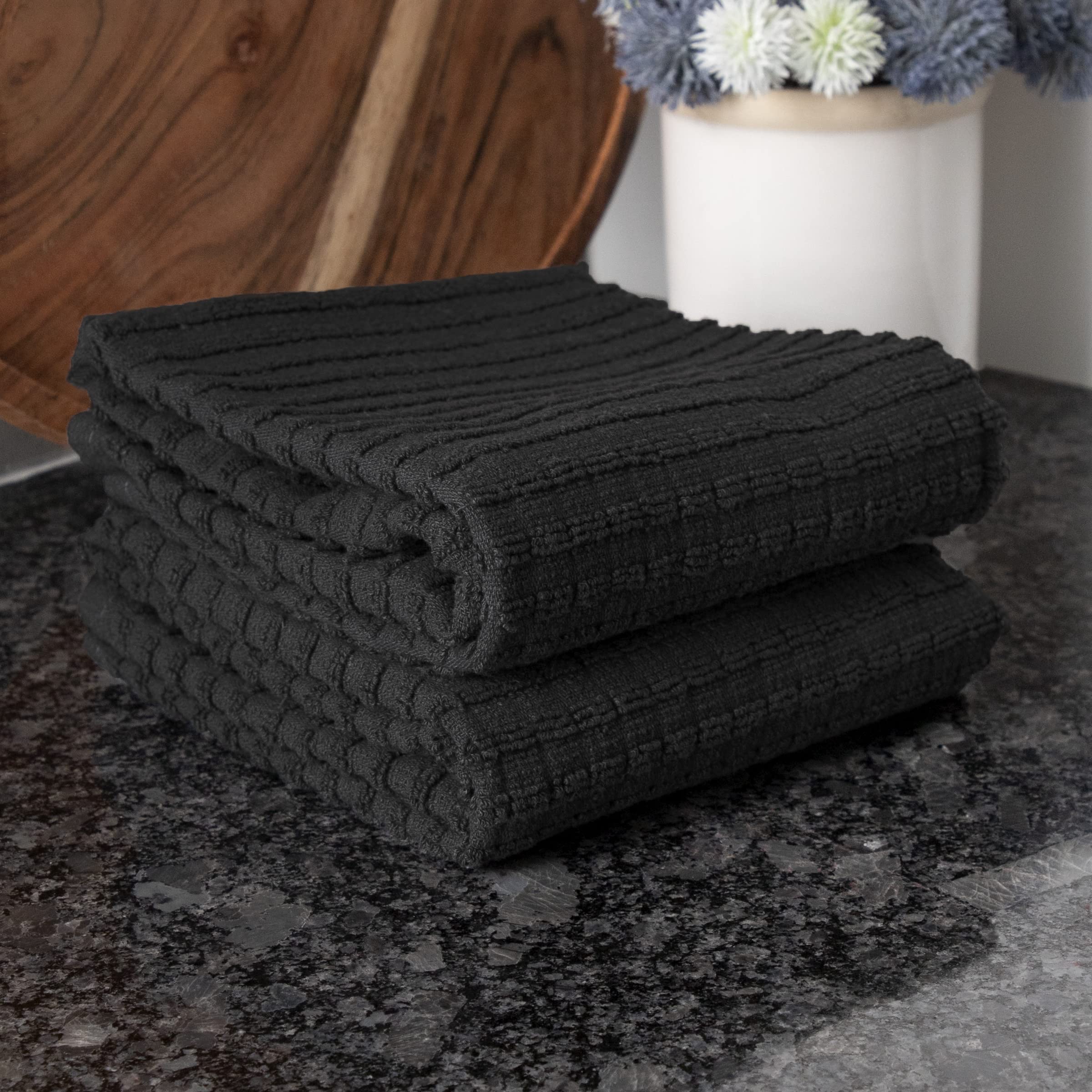 Ritz Royale Collection 100% Combed Terry Cotton, Highly Absorbent, Oversized Kitchen Towel Set, 28" x 18", 2-Pack, Solid, Black