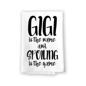 honey dew gifts, gigi is the name and spoiling is the game, cotton flour sack towels, 27 x 27 inch, made in usa, kitchen dish towels, grandma towel, mimi granny nana kitchen gifts, gigi quotes