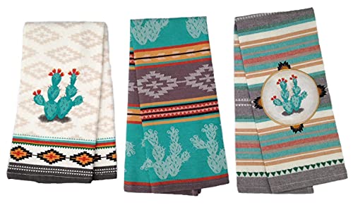 Simply Southwest Cactus Kitchen Towels Set of 3, Colorful Terry Towel - Woven Jacquard Towel - Ornamented Cactus Tea Towel