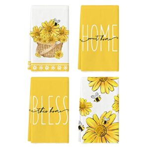 artoid mode sunflower bees flower basket home sweet home summer kitchen towels dish towels, 18x26 inch seasonal decoration hand towels set of 4