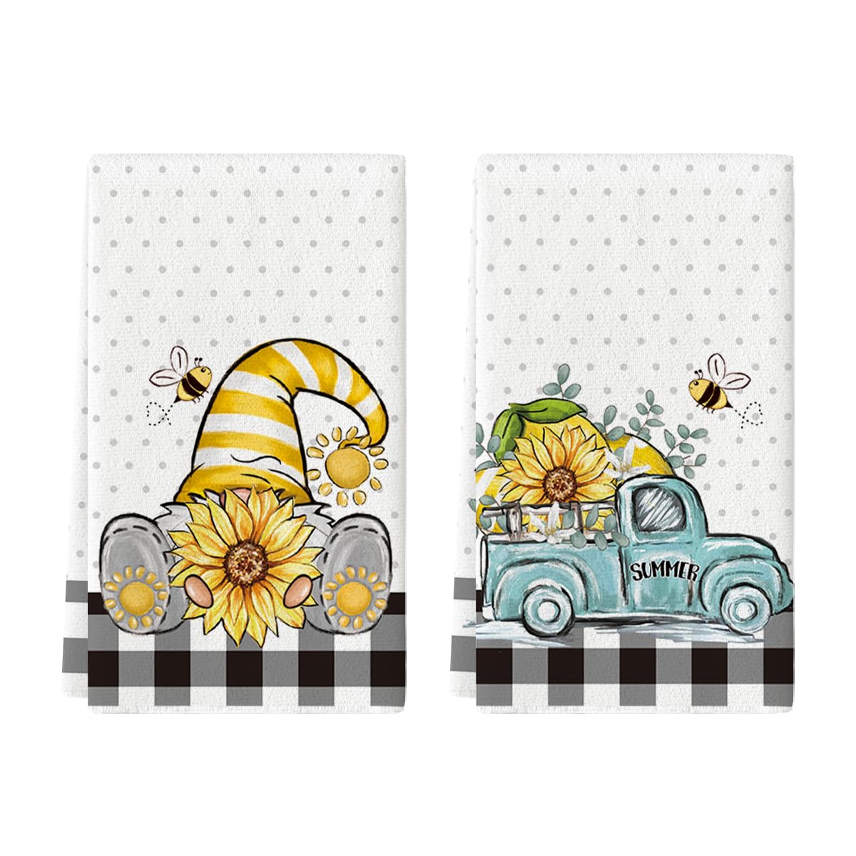 Artoid Mode Buffalo Plaid Gnome Bee Truck Sunflower Lemons Summer Kitchen Towels Dish Towels, 18x26 Inch Decoration Hand Towels Set of 2