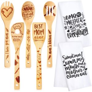 7 pieces mom gifts set including 2 pieces mom kitchen towels mom dish towels and 5 pieces bamboo utensils for mother's day mom birthday christmas gifts