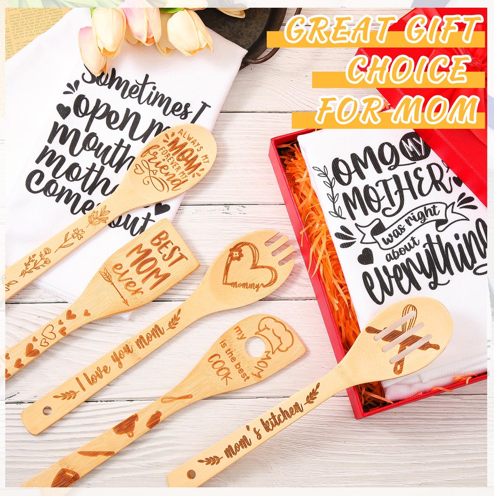 7 Pieces Mom Gifts Set Including 2 Pieces Mom Kitchen Towels Mom Dish Towels and 5 Pieces Bamboo Utensils for Mother's Day Mom Birthday Christmas Gifts