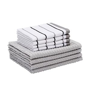 amazon basics 100% cotton, soft & absorbent, popcorn texture terry kitchen dish cloths and towels set, 12"l x 12"w and 26"l x 16"w, grey/grey stripe, pack of 8
