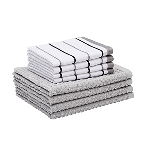 Amazon Basics 100% Cotton, Soft & Absorbent, Popcorn Texture Terry Kitchen Dish Cloths and Towels Set, 12"L x 12"W and 26"L x 16"W, Grey/Grey Stripe, Pack of 8