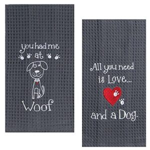 Kay Dee Dog Lover Embroidered Waffle Towel Set - Cotton - One Each You Had Me at Woof & Dog Love