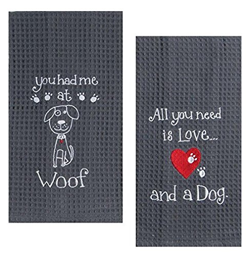 Kay Dee Dog Lover Embroidered Waffle Towel Set - Cotton - One Each You Had Me at Woof & Dog Love