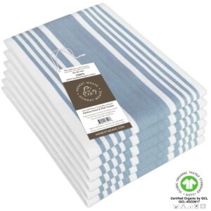 HONEST WEAVE GOTS Certified Organic Cotton Kitchen Hand and Dish Towel Sets - Oversized 20x30 inches, Fully Hemmed, in Designer Colors, 6-Pack, Dusty Blue Stripe