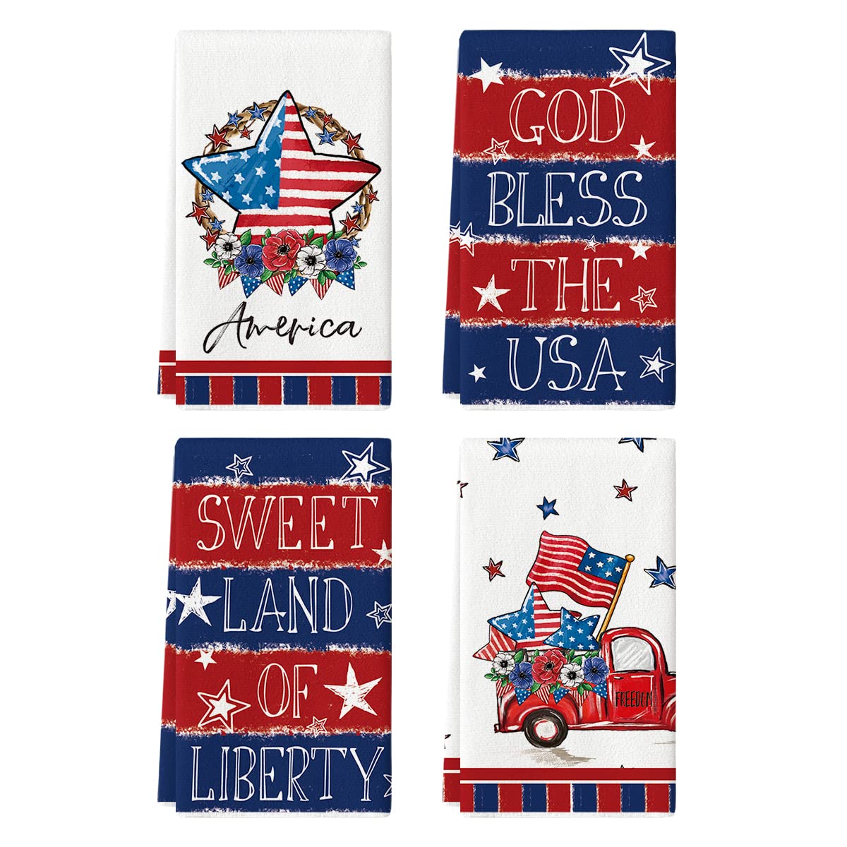 Artoid Mode American Flag Stars Stripes Truck 4th of July Kitchen Towels Dish Towels, 18x26 Inch Patriotic Liberty Decor Hand Towels Set of 4