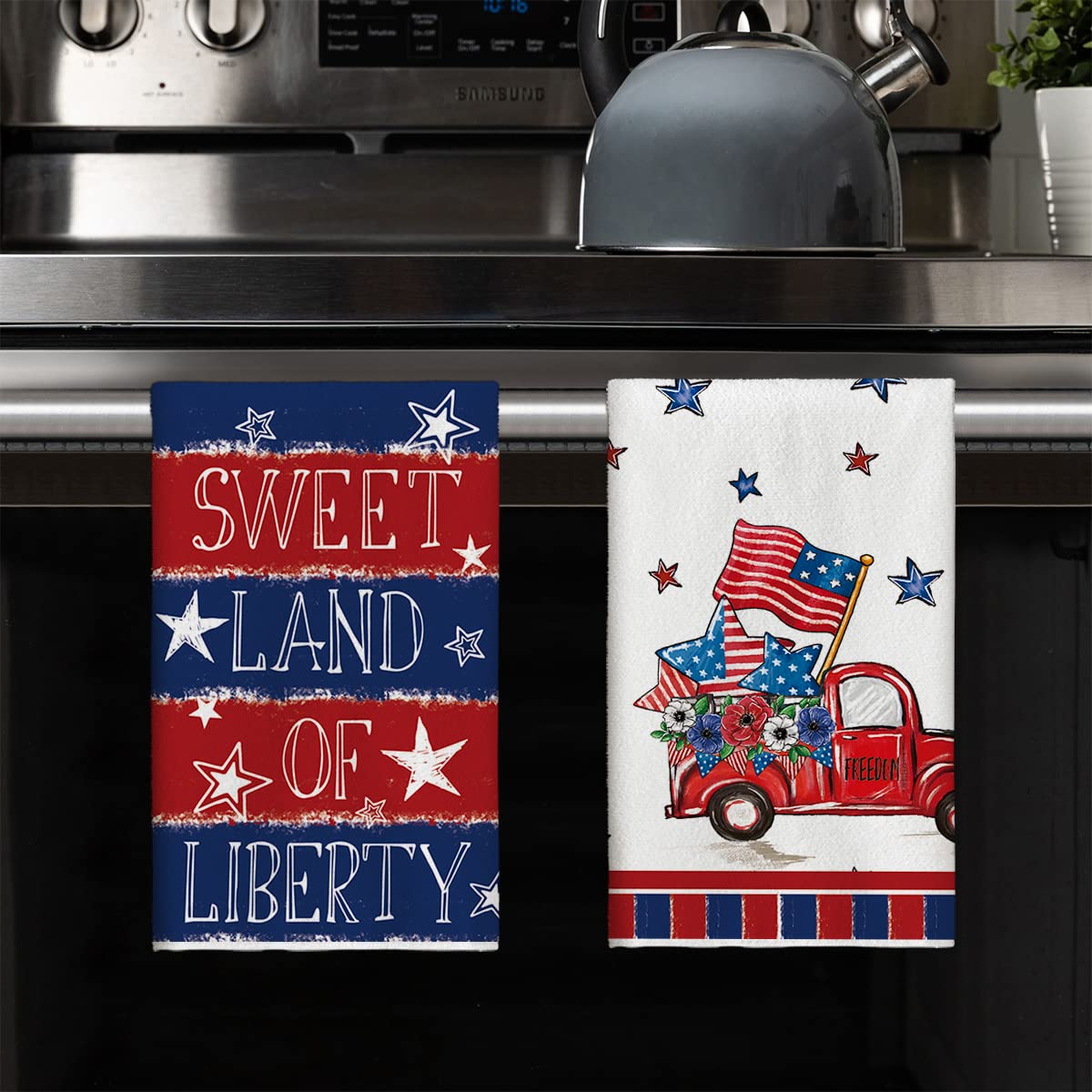 Artoid Mode American Flag Stars Stripes Truck 4th of July Kitchen Towels Dish Towels, 18x26 Inch Patriotic Liberty Decor Hand Towels Set of 4