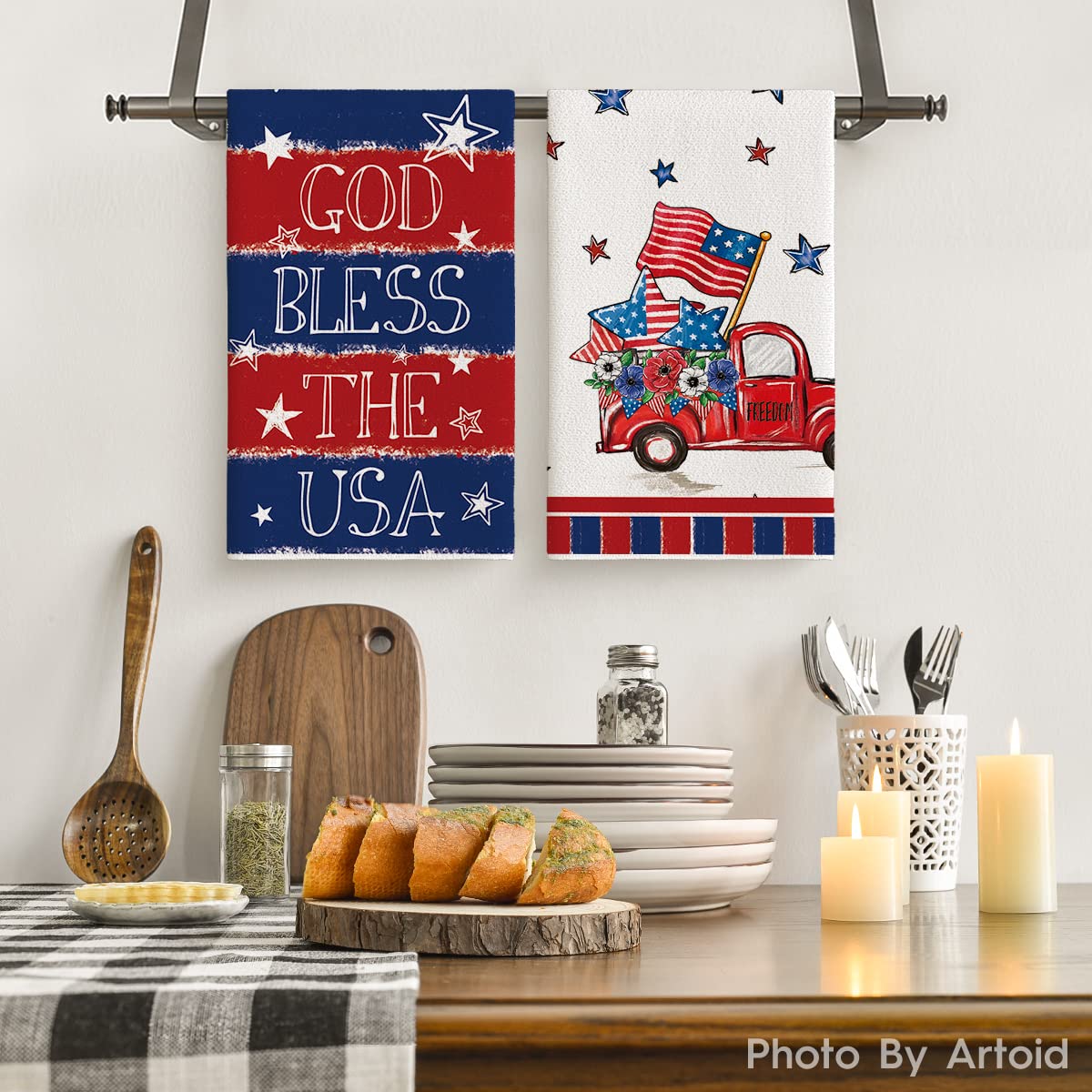 Artoid Mode American Flag Stars Stripes Truck 4th of July Kitchen Towels Dish Towels, 18x26 Inch Patriotic Liberty Decor Hand Towels Set of 4