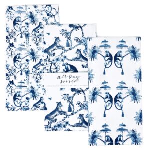 all day soirée chinoiserie designer kitchen tea towels 3 pack 100% absorbent cotton tiger monkey floral hand towel large dish cloth set blue white
