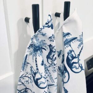 All Day Soirée Chinoiserie Designer Kitchen Tea Towels 3 Pack 100% Absorbent Cotton Tiger Monkey Floral Hand Towel Large Dish Cloth Set Blue White