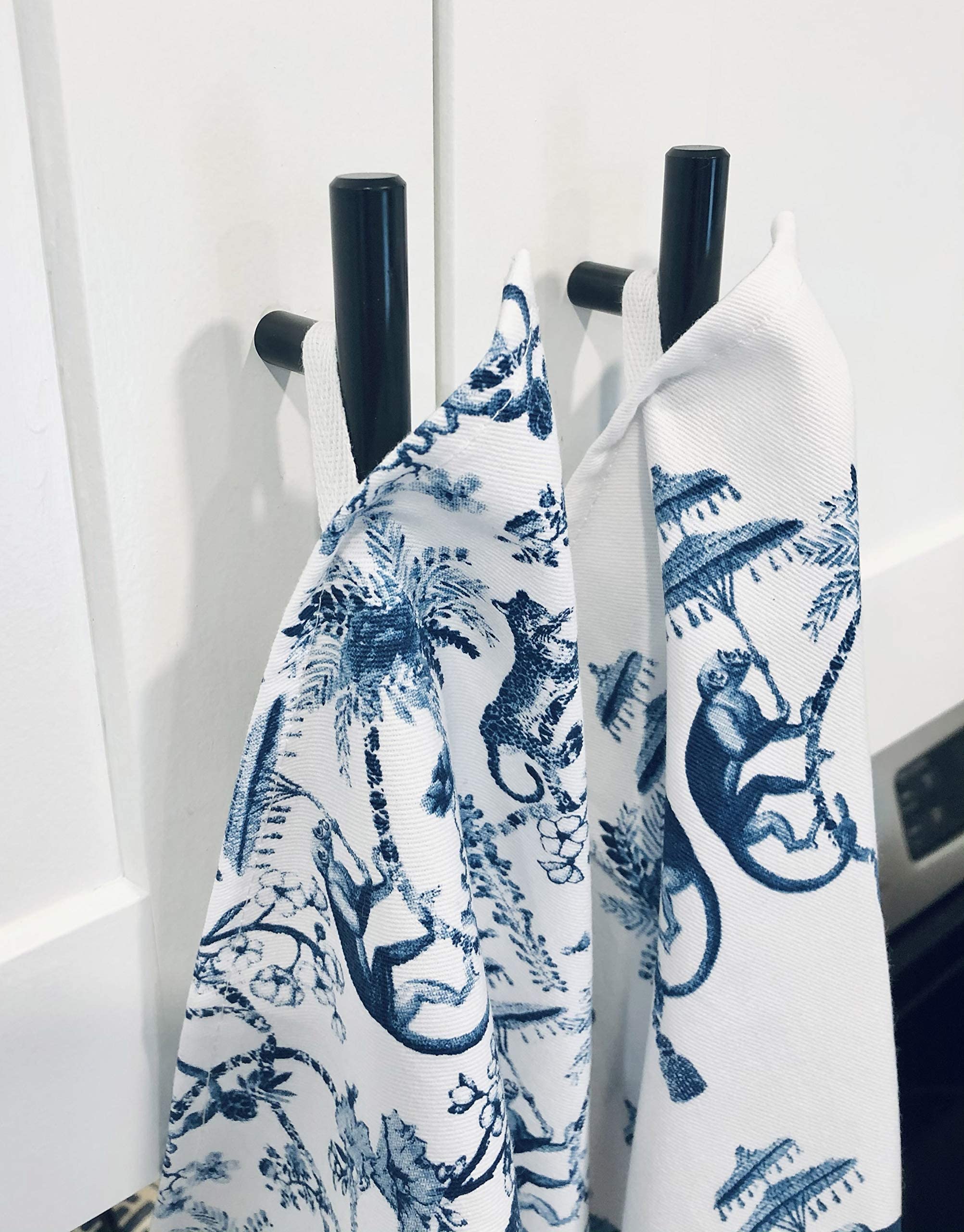 All Day Soirée Chinoiserie Designer Kitchen Tea Towels 3 Pack 100% Absorbent Cotton Tiger Monkey Floral Hand Towel Large Dish Cloth Set Blue White