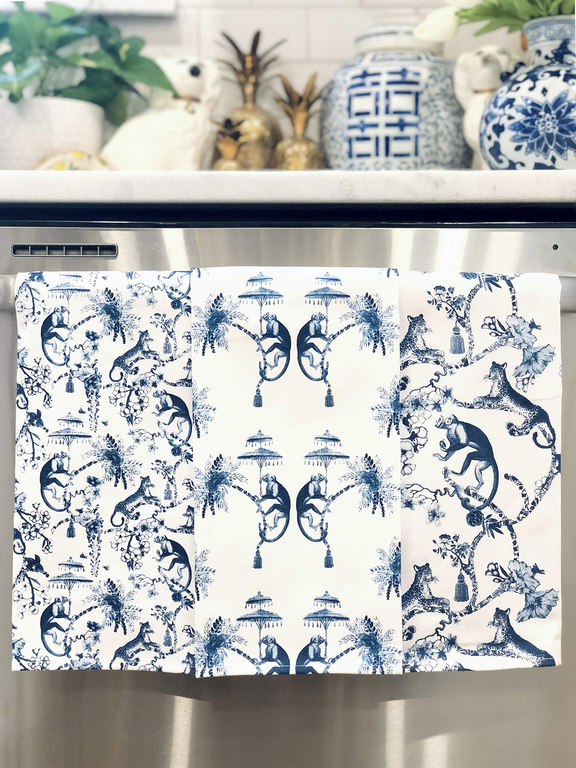 All Day Soirée Chinoiserie Designer Kitchen Tea Towels 3 Pack 100% Absorbent Cotton Tiger Monkey Floral Hand Towel Large Dish Cloth Set Blue White