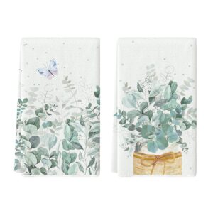 artoid mode eucalyptus leaves flower vase kitchen towels dish towels, 18x26 inch summer holiday decoration hand towels set of 2