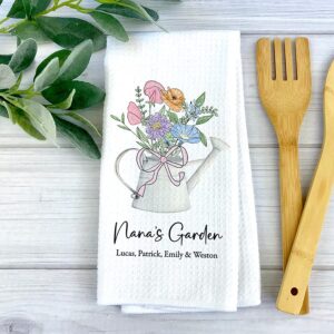 canary road birth month flower tea towel, mothers day gift for mom personalized, birth flowers with names, grandmas garden birth flower gift