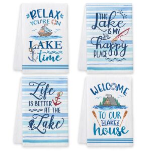 lake house decor, lake house decor for the home, lake house gifts kitchen towels, lake life decor dish towels set of 4, life is better at the lake hand tea towels housewarming gifts for new home