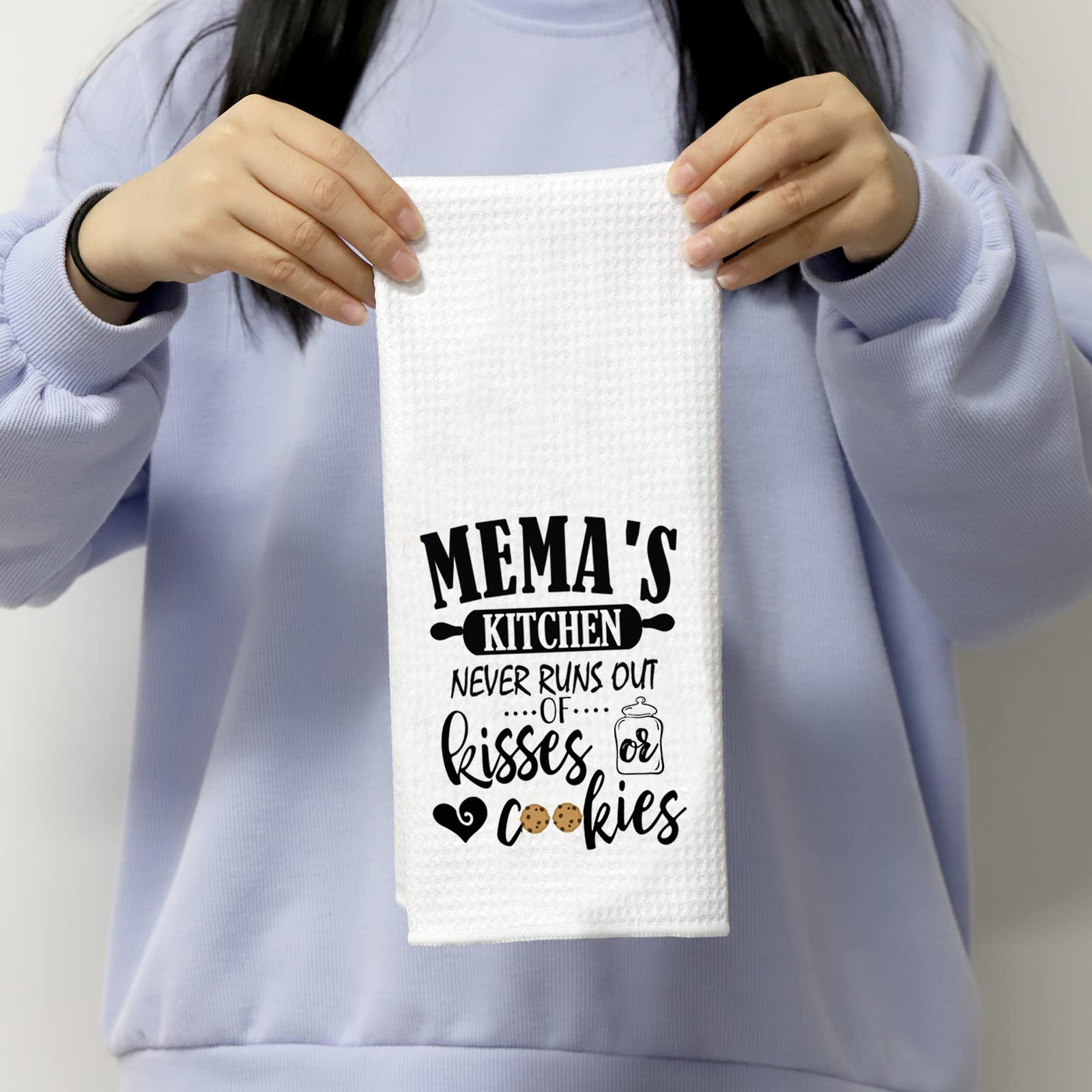 POFULL Mema Gift Grandma Mema Mother’s Day Dish Towel Mema's Kitchen Never Runs Out of Kisses and Cookies Kitchen Decor (Mema Towel)