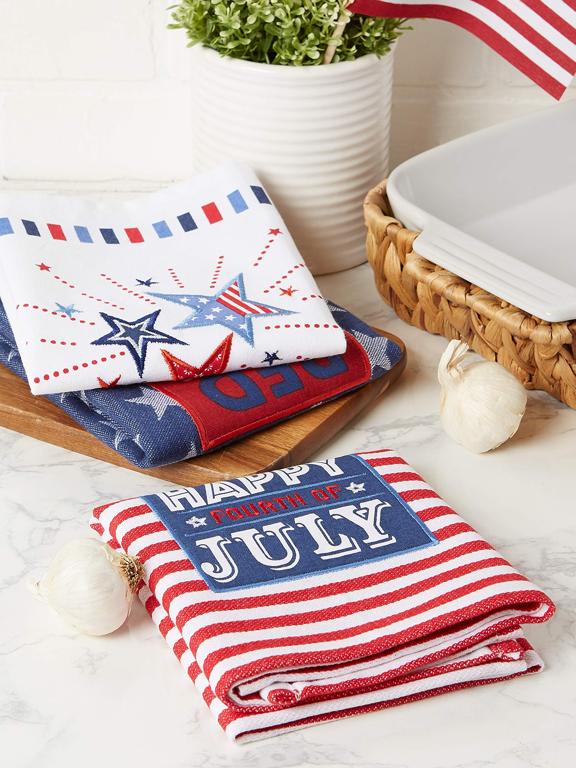 DII Patriotic Dish Towel Set 18x28, Decorative Kitchen Towels, Red White & Boom, 3 Count