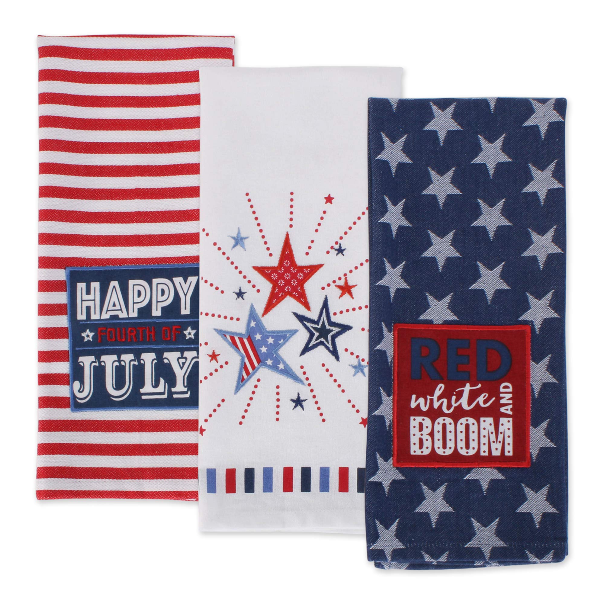DII Patriotic Dish Towel Set 18x28, Decorative Kitchen Towels, Red White & Boom, 3 Count