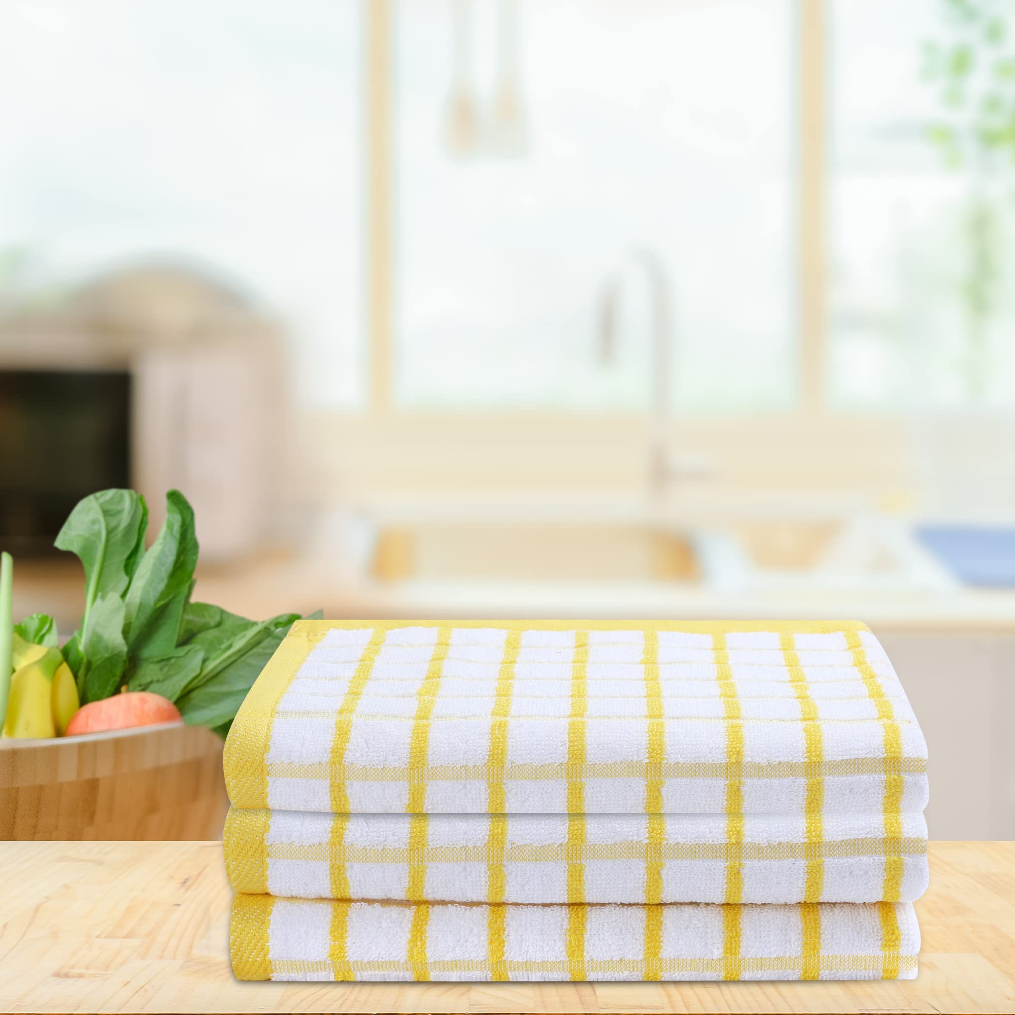 Urban Villa Kitchen Towels Yellow/White Set of 3 Terry Kitchen Towels 100% Cotton Ultra Soft Size 20X30 Inches Highly Absorbent Over Sized Kitchen Towels with Hanging Loop Kitchen Towels