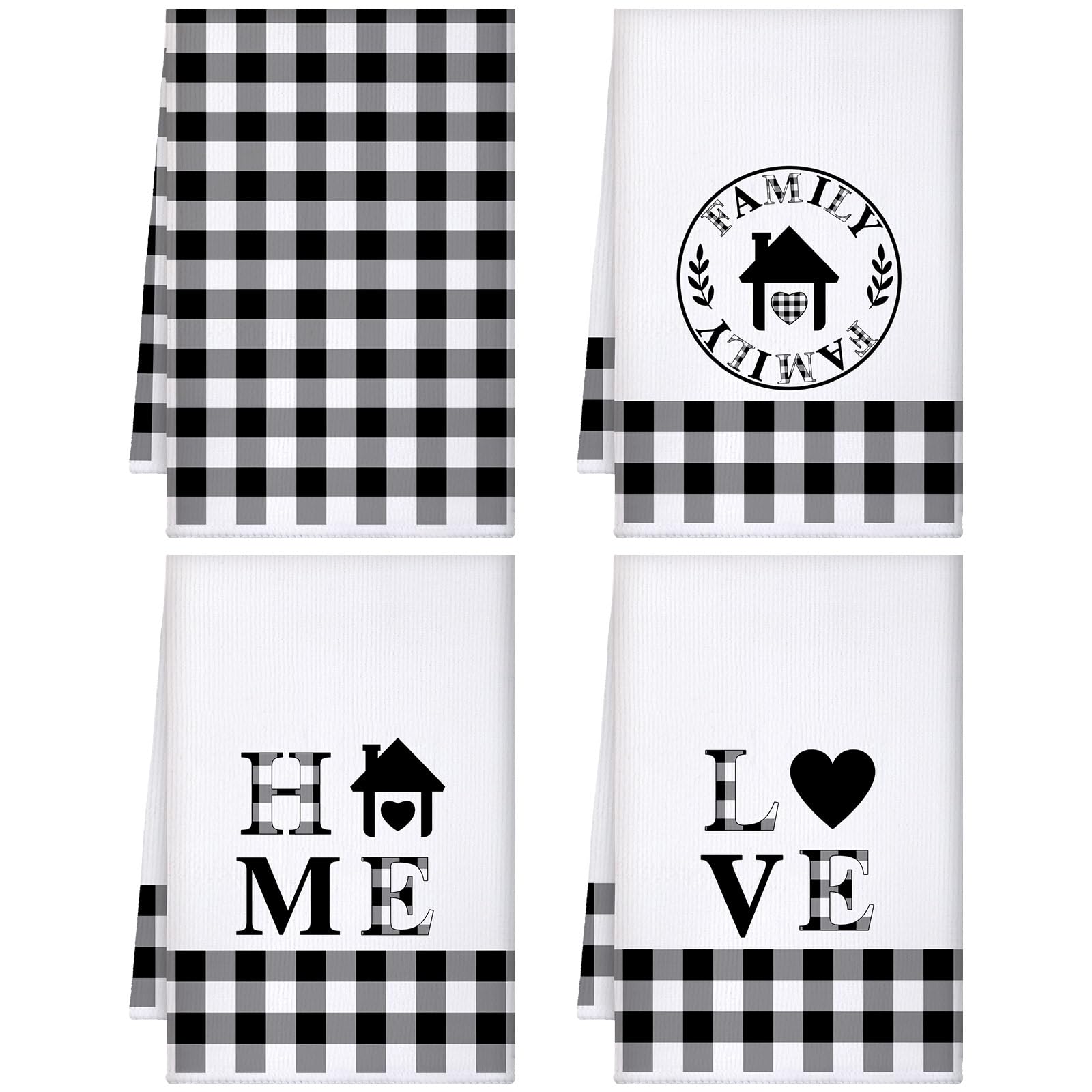 4 Pieces Buffalo Plaid Kitchen Towels Black White Plaid Towels Home Family Love Hand Towels Set Farmhouse Fast Drying Decorative Towels for Cooking