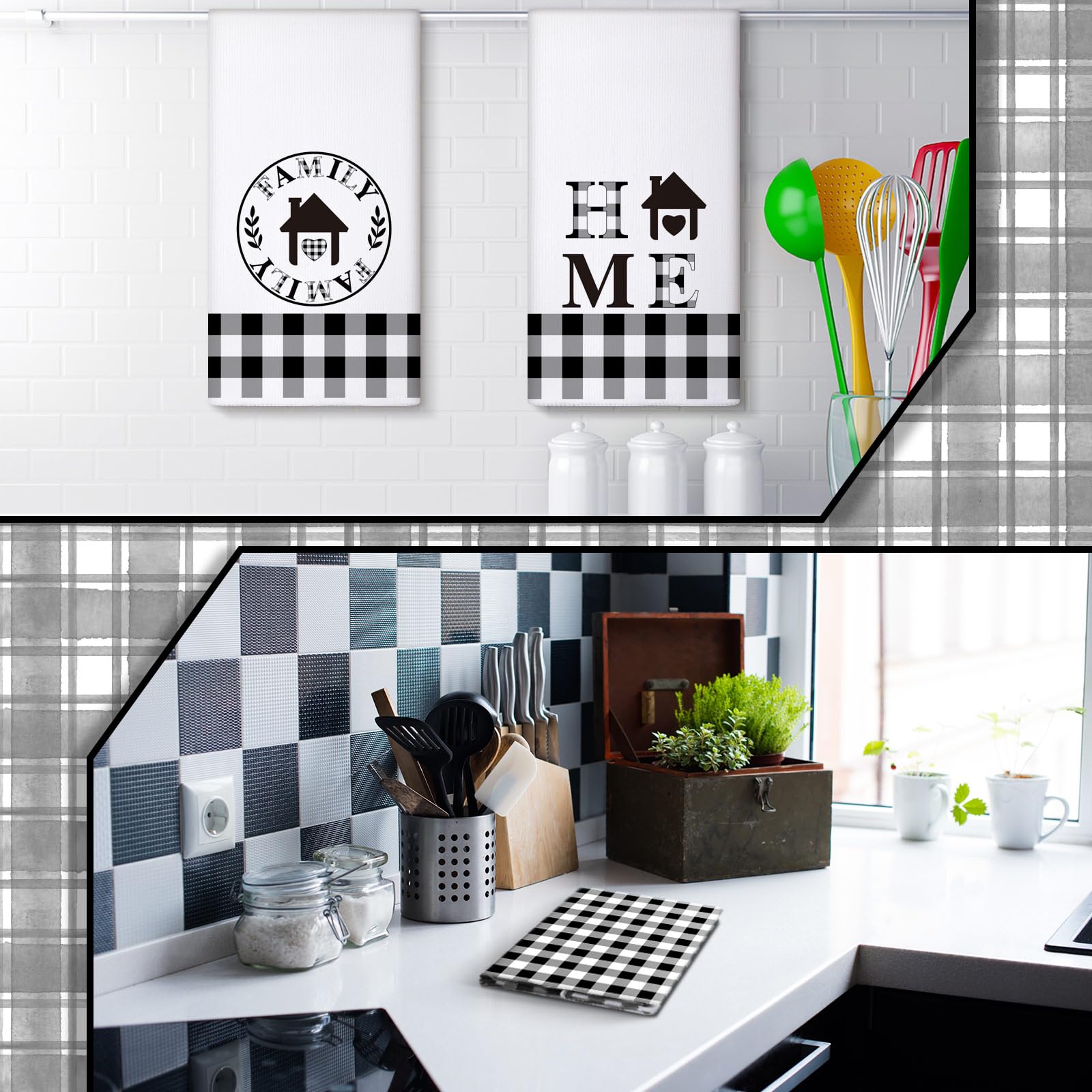 4 Pieces Buffalo Plaid Kitchen Towels Black White Plaid Towels Home Family Love Hand Towels Set Farmhouse Fast Drying Decorative Towels for Cooking