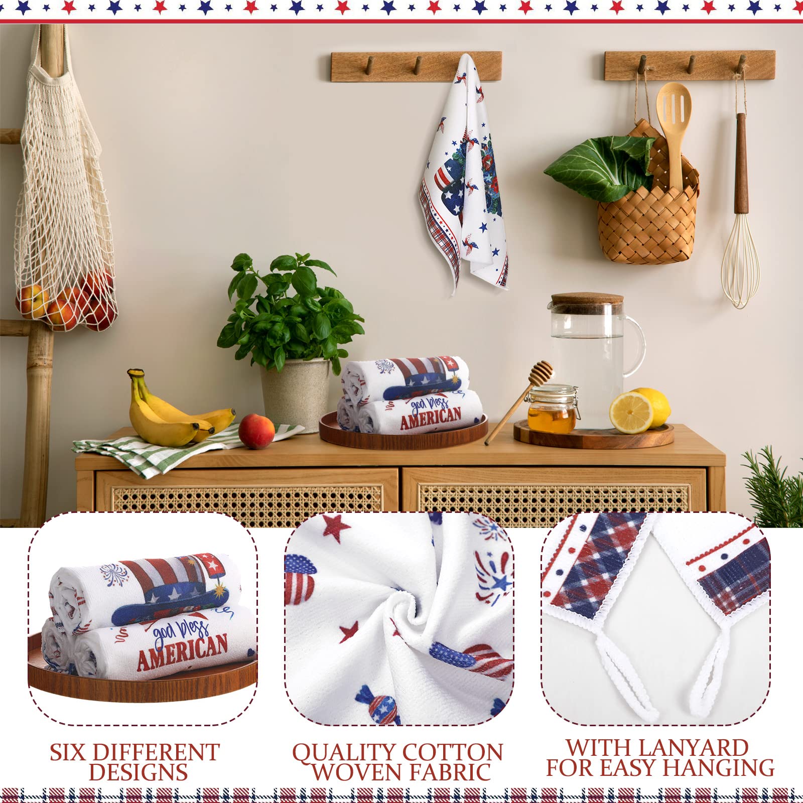 Tudomro Set of 6 4th of July Patriotic Kitchen Towels American Flag Stars Dish Towels Beach Cloth Tea Towel Red Blue Star Tea Towels, Housewarming Gift (Simple, Patriotic)