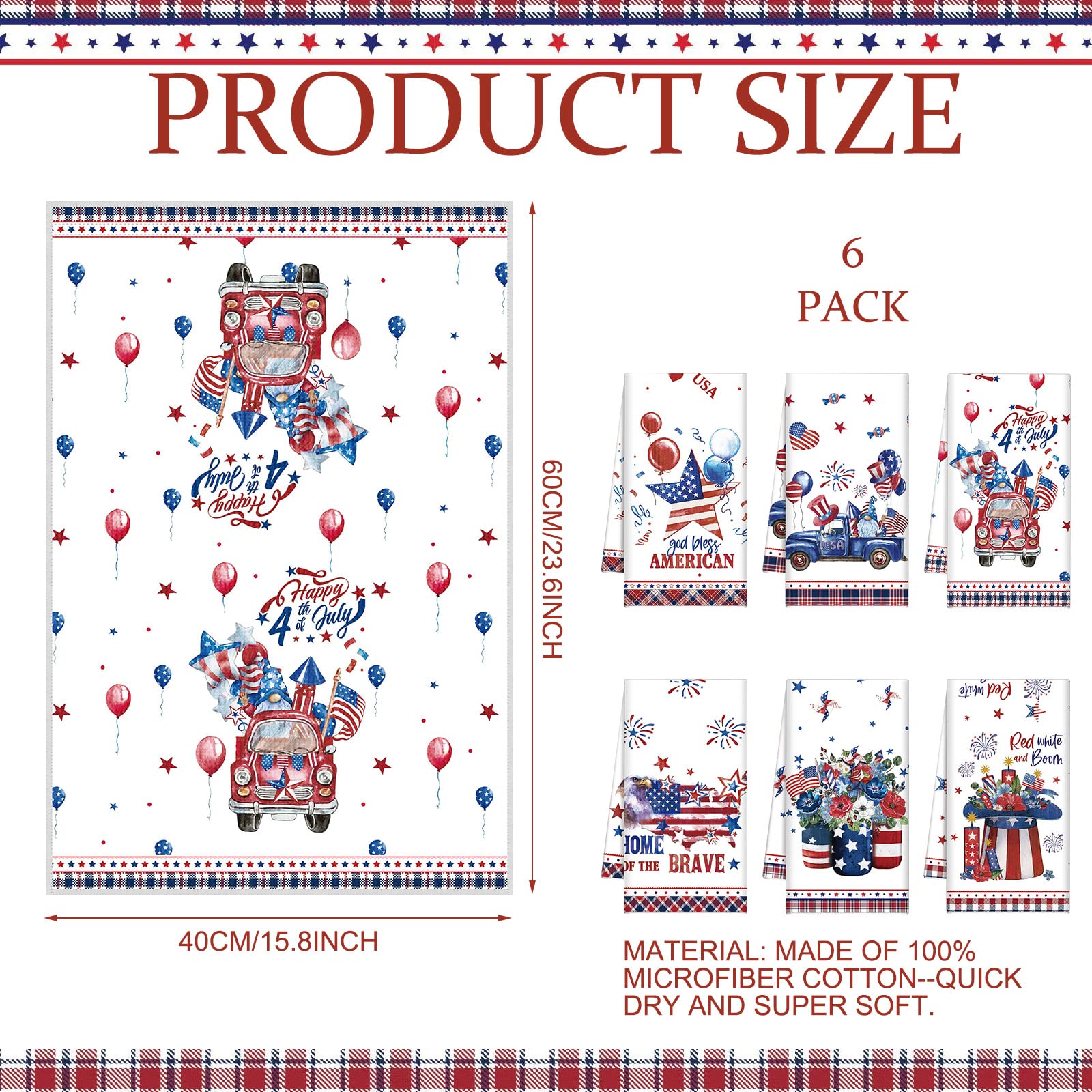 Tudomro Set of 6 4th of July Patriotic Kitchen Towels American Flag Stars Dish Towels Beach Cloth Tea Towel Red Blue Star Tea Towels, Housewarming Gift (Simple, Patriotic)