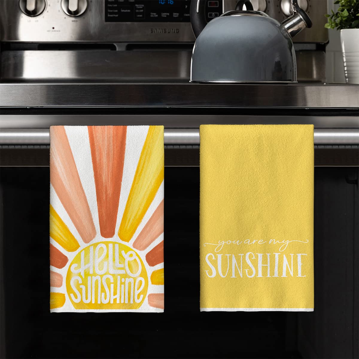Artoid Mode Red Yellow Hello Sunshine Summer Kitchen Towels Dish Towels, 18x26 Inch Seasonal Decoration Hand Towels Set of 2