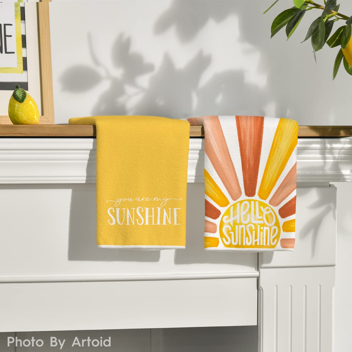 Artoid Mode Red Yellow Hello Sunshine Summer Kitchen Towels Dish Towels, 18x26 Inch Seasonal Decoration Hand Towels Set of 2