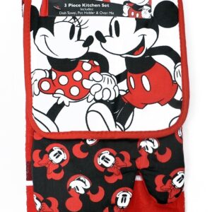 Disney Oven Mitt Pot Holder & Dish Towel 3 pc Kitchen Set (Mickey Minnie Red)