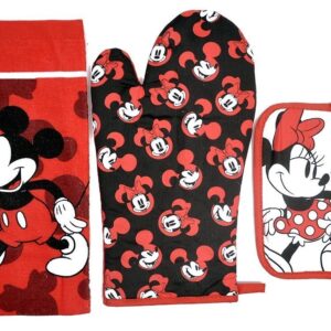 Disney Oven Mitt Pot Holder & Dish Towel 3 pc Kitchen Set (Mickey Minnie Red)